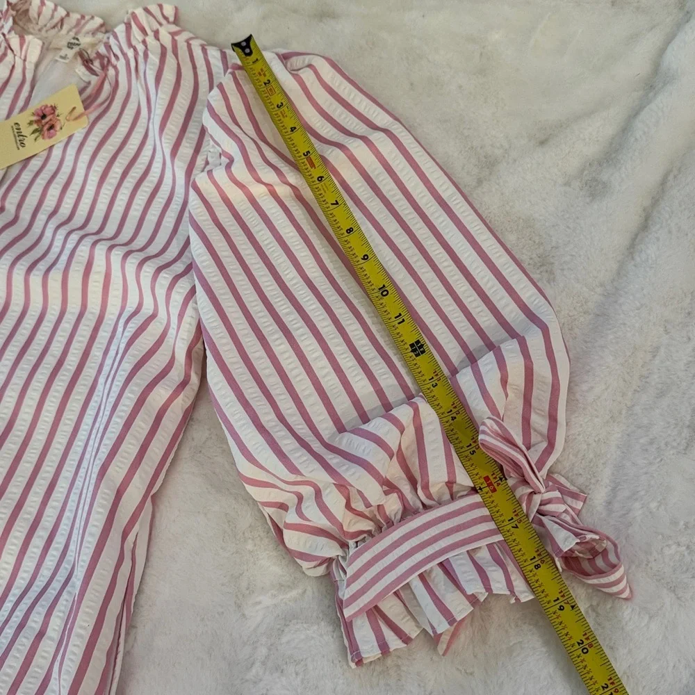 Entro White & Pink Stripe SearSucker Mini Dress, Exaggerated Balloon Sleeves - Picture 15 of 16